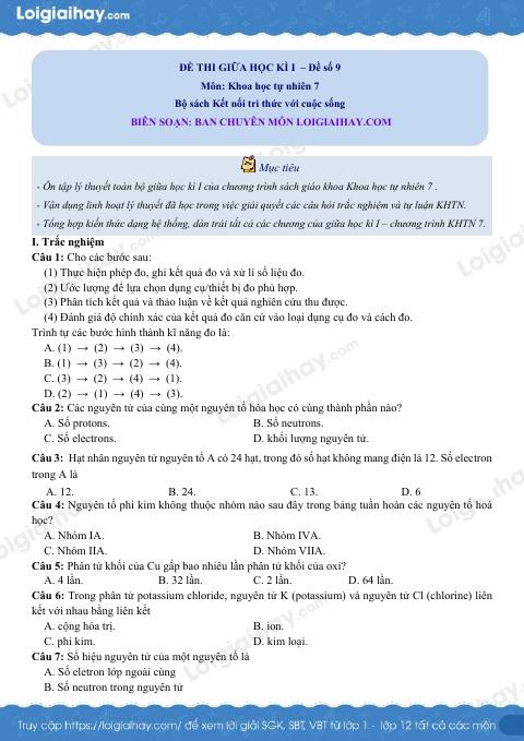 Đề thi giữa kì 1 KHTN 7 Kết nối tri thức - Đề số 9
